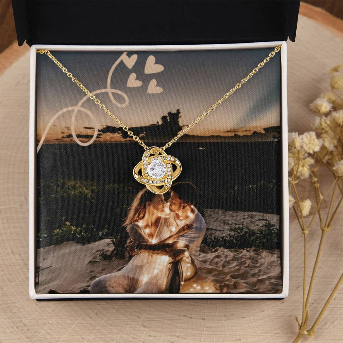 Personalized Luxury Couples Love Knot Necklace Custom Photo Design (Yellow & White Gold Variants)