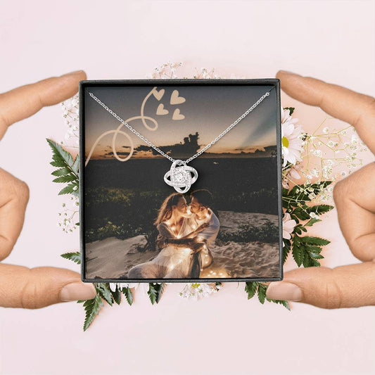Personalized Luxury Couples Love Knot Necklace Custom Photo Design (Yellow & White Gold Variants)